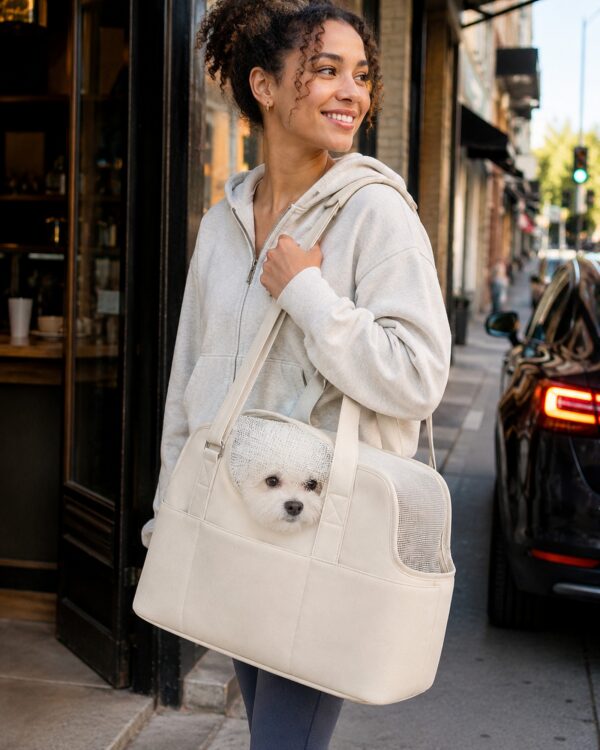 A woman walks past a shopfront with a small white dog riding in the cream pet tote.