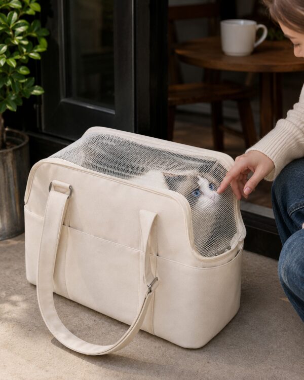 A hand unzips the mesh top of the cream pet tote on an outdoor cafe table.