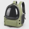 Olive green pet backpack carrier with a clear dome window and side vents on a plain background.
