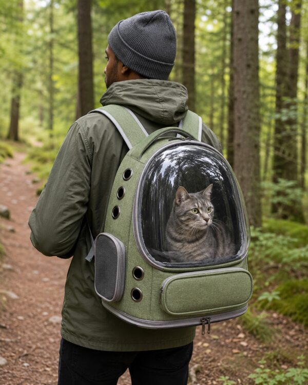 A man walks a forest path wearing the olive pet backpack with a cat in the dome window.