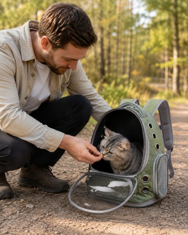 A man opens the clear dome of the olive pet backpack to the cat inside on a forest trail.