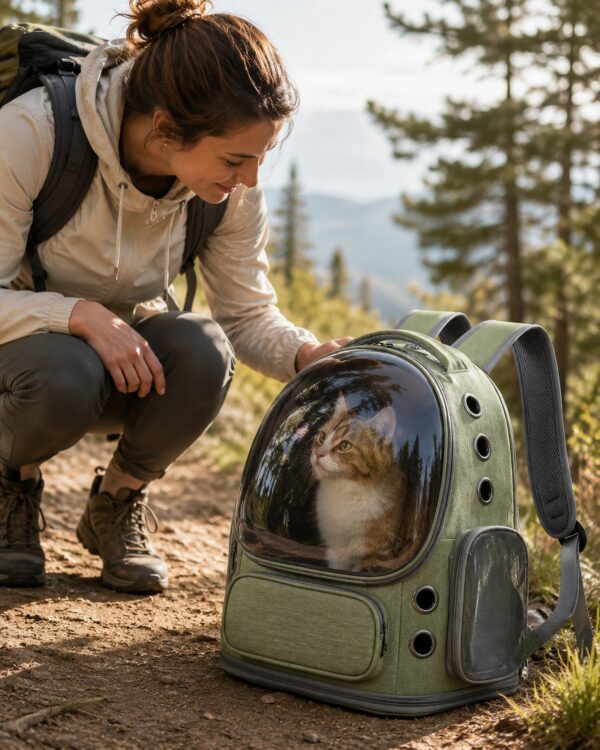 A woman crouches beside the olive pet backpack with a cat inside and mountains behind.