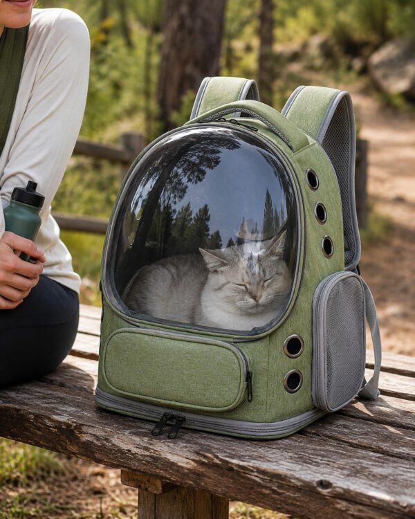 A person holds a water bottle beside the olive pet backpack with a cat resting inside.
