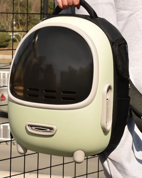 The pale green capsule pet backpack sits on an outdoor table with its bubble window facing the camera.