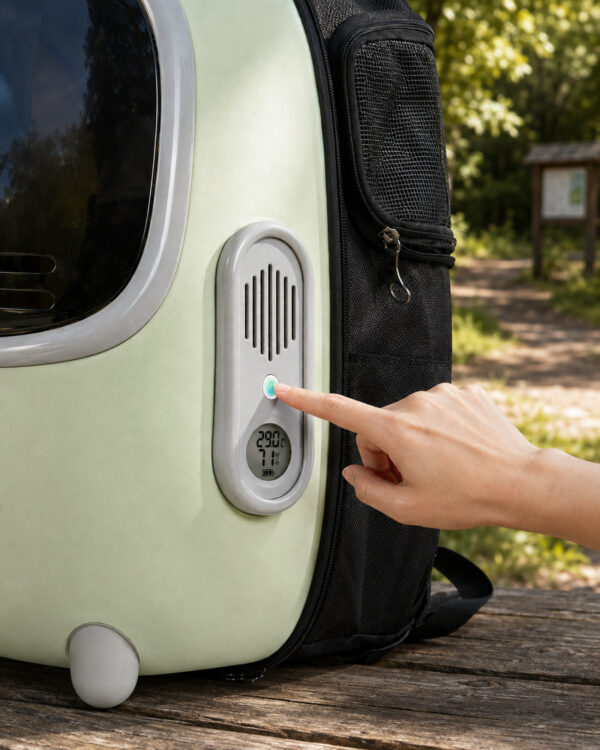 A finger presses the round vent dial on the side of the pale green capsule pet backpack outdoors.