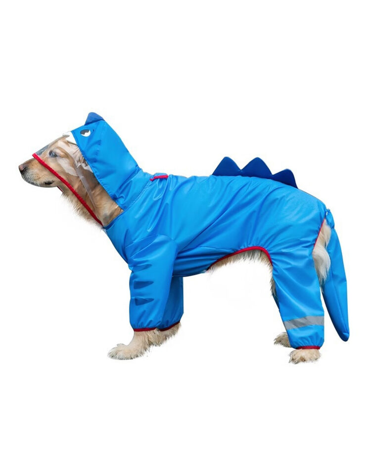 Blue four-leg dog rain suit with a shark-fin hood and dorsal fins, on a plain background.