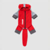 Red and grey four-leg dog rain suit with a hood, laid flat on a plain background.