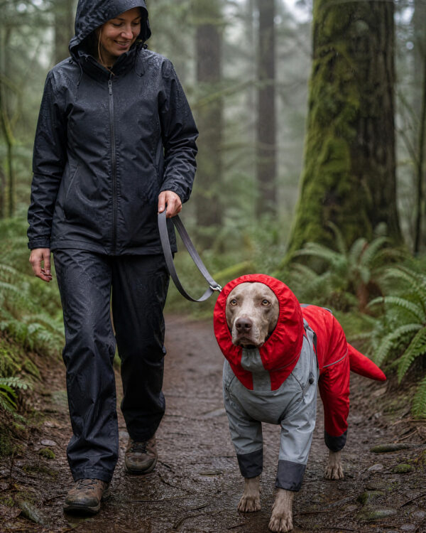 A man walks his dog in the red and grey rain suit through a wet forest.