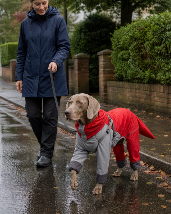 A person walks a dog wearing the red and grey rain suit along a wet path.