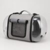 Grey pet carrier with a clear capsule end panel and a roll-up shade, on a plain background.
