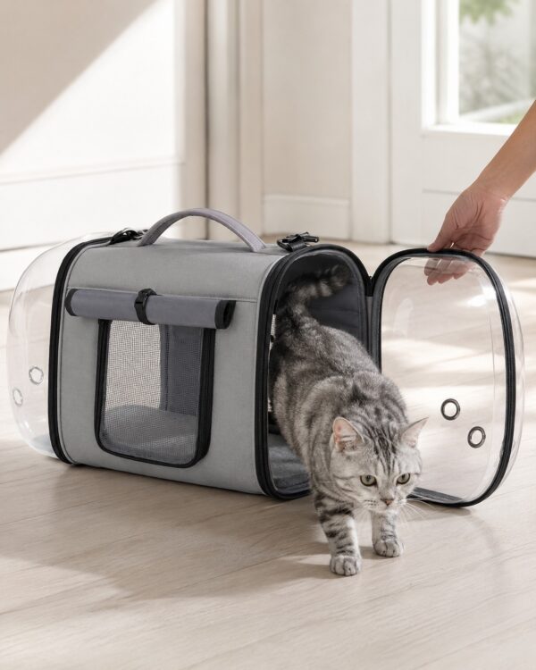 A cat walks out of the grey capsule carrier as a hand holds the flap open.