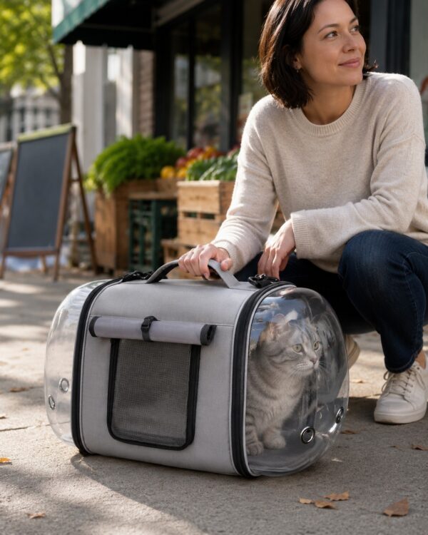 A woman crouches beside the grey capsule pet carrier on a shop-lined street.
