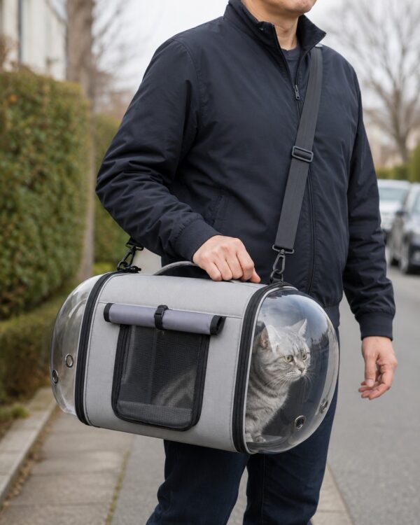 A man carries the grey capsule pet carrier on a shoulder strap.
