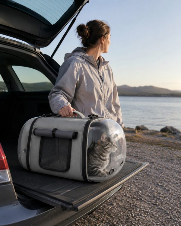 A woman loads the grey capsule carrier with her cat into a car boot by the sea.