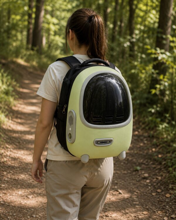A woman walks a wooded trail with the pale green capsule pet backpack on her back.