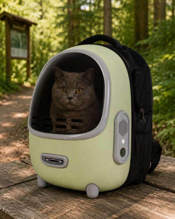 A grey tabby cat looks out through the bubble window of the pale green capsule backpack on a park bench.