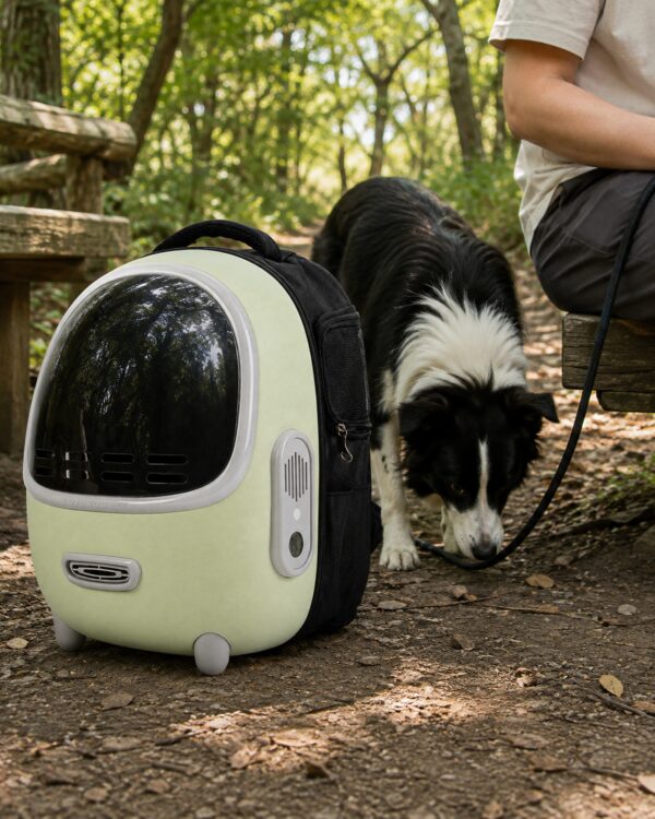 A black and white dog stands beside the pale green capsule pet backpack resting on a wooden bench.