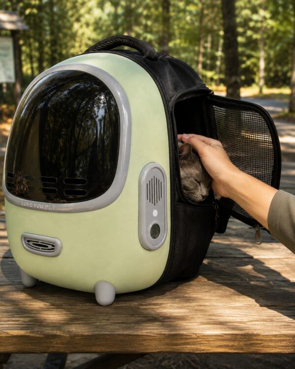 A hand opens the side panel of the pale green capsule pet backpack on a wooden bench.
