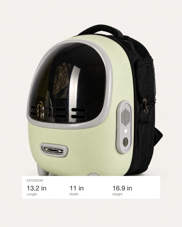 Dimension guide showing the exterior measurements of the pale green capsule pet backpack in inches.