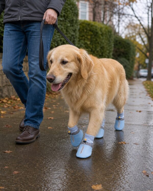 A man walks his golden retriever in the light blue paw boots on a wet pavement.