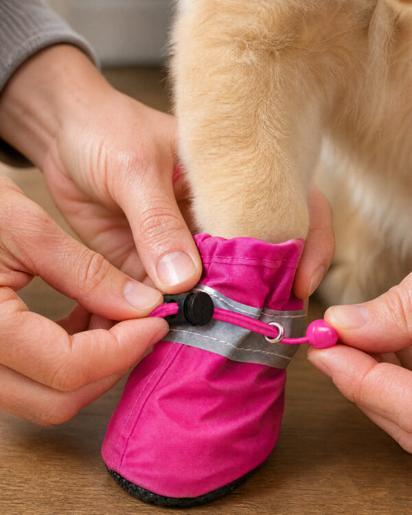 Hands fasten a pink boot onto a dog's paw.