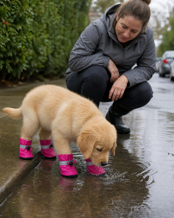 A woman crouches beside a puppy wearing the pink paw boots on a wet pavement.