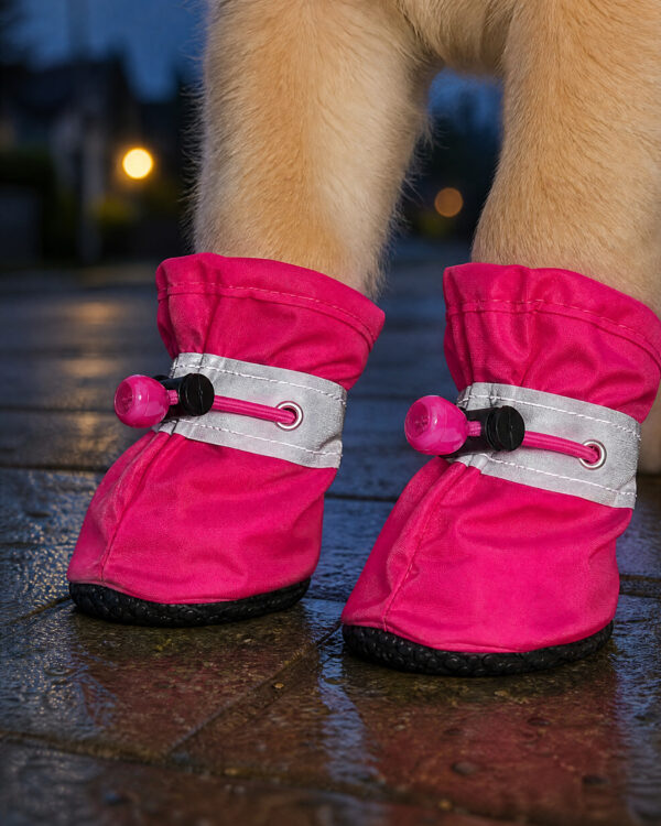 Close-up of two pink boots with reflective bands on a dog's front paws at dusk.