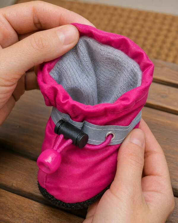A hand opens a pink dog boot to show its grey lining and cinch cord.