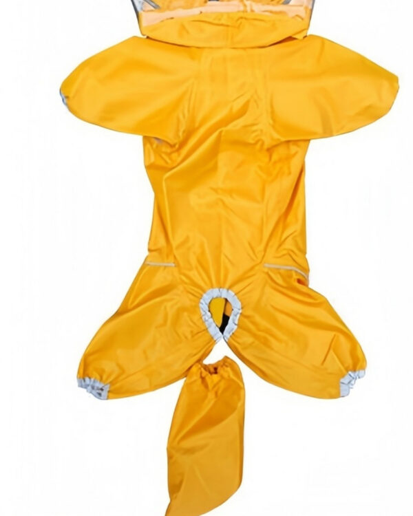 The yellow dog rain suit laid flat showing the alternative underside cut.