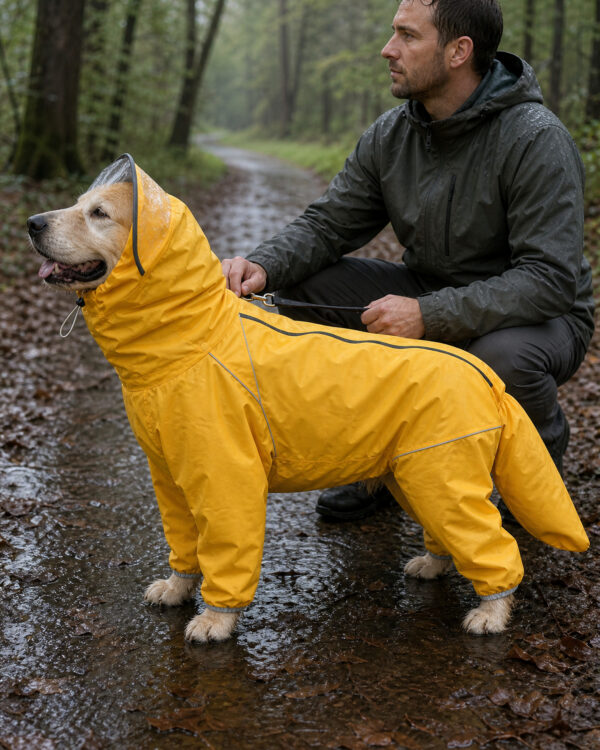 A man crouches beside his dog in the yellow rain suit on a wet forest path.