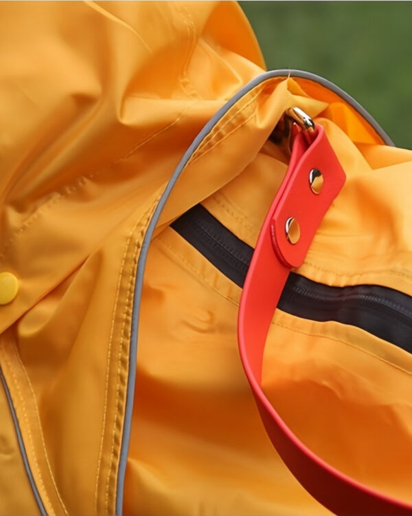 Close-up of a red lead clipped to the ring on the yellow dog rain suit.