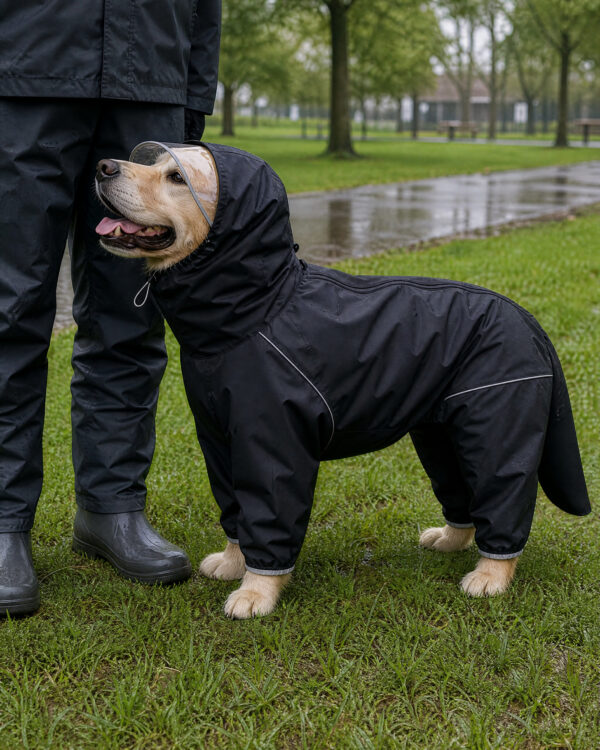 A person stands beside a dog wearing the black version of the four-leg rain suit on grass.