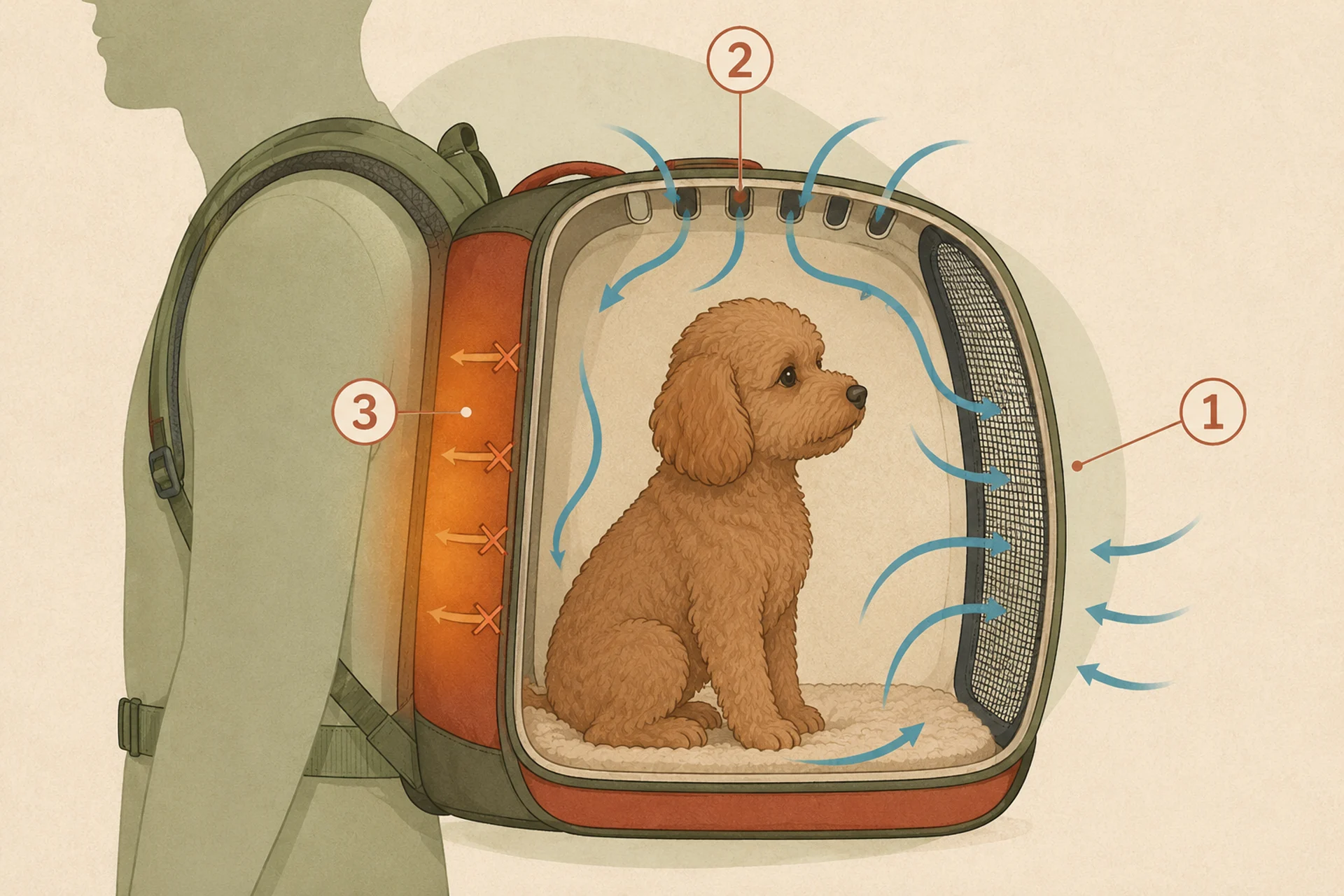 Cutaway diagram of a pet backpack carrier worn on a person back: arrows show air entering the outward-facing mesh panel and the top vents and circulating around the seated dog, while arrows at the padded panel pressed against the wearer are blocked and a warm glow marks trapped heat there.