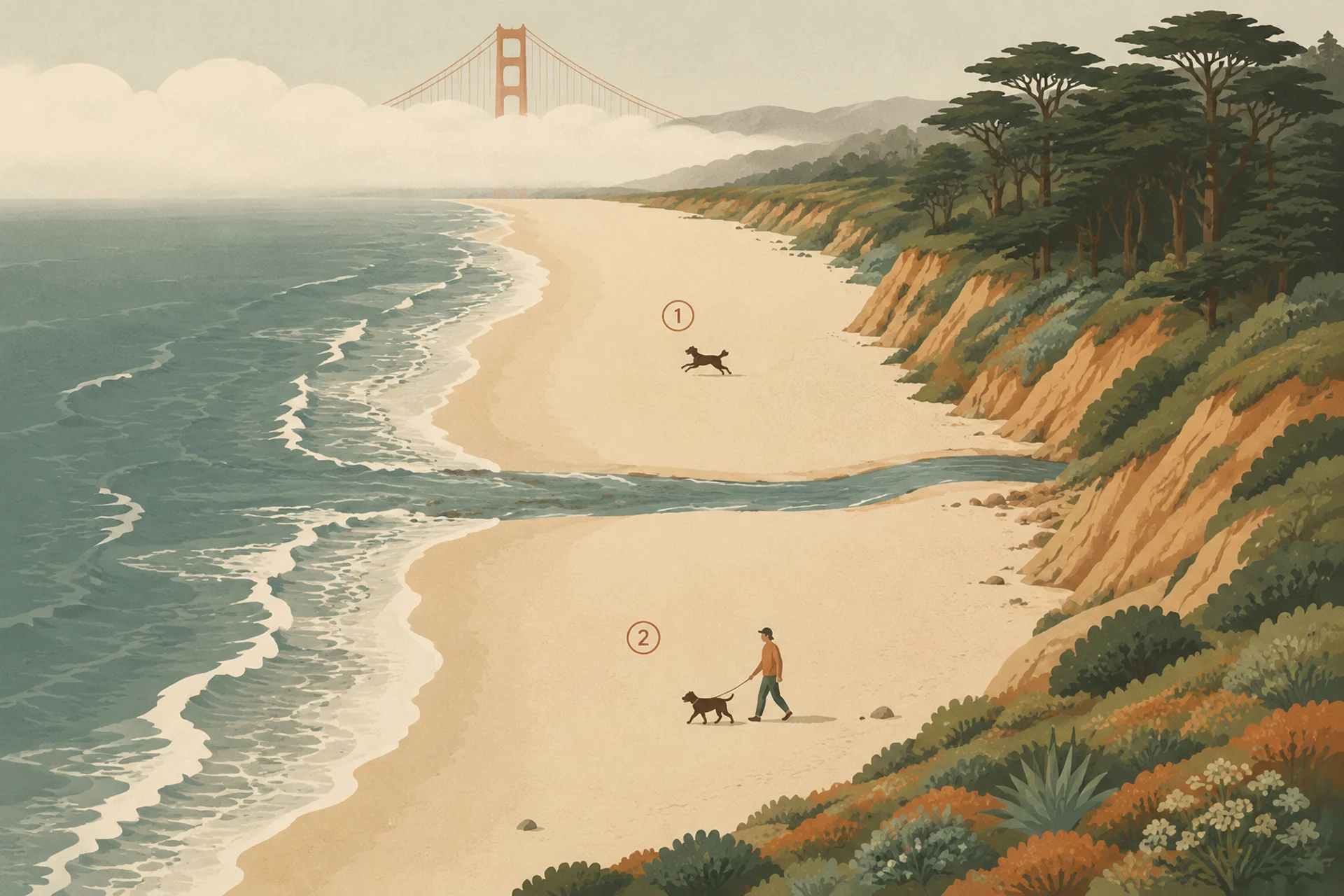 Illustrated view along Baker Beach. Lobos Creek crosses the sand and meets the surf, dividing the beach: on the far north side a dog runs freely with no leash, on the near south side a person walks a dog on a short leash. The Golden Gate Bridge tower rises from fog in the distance.