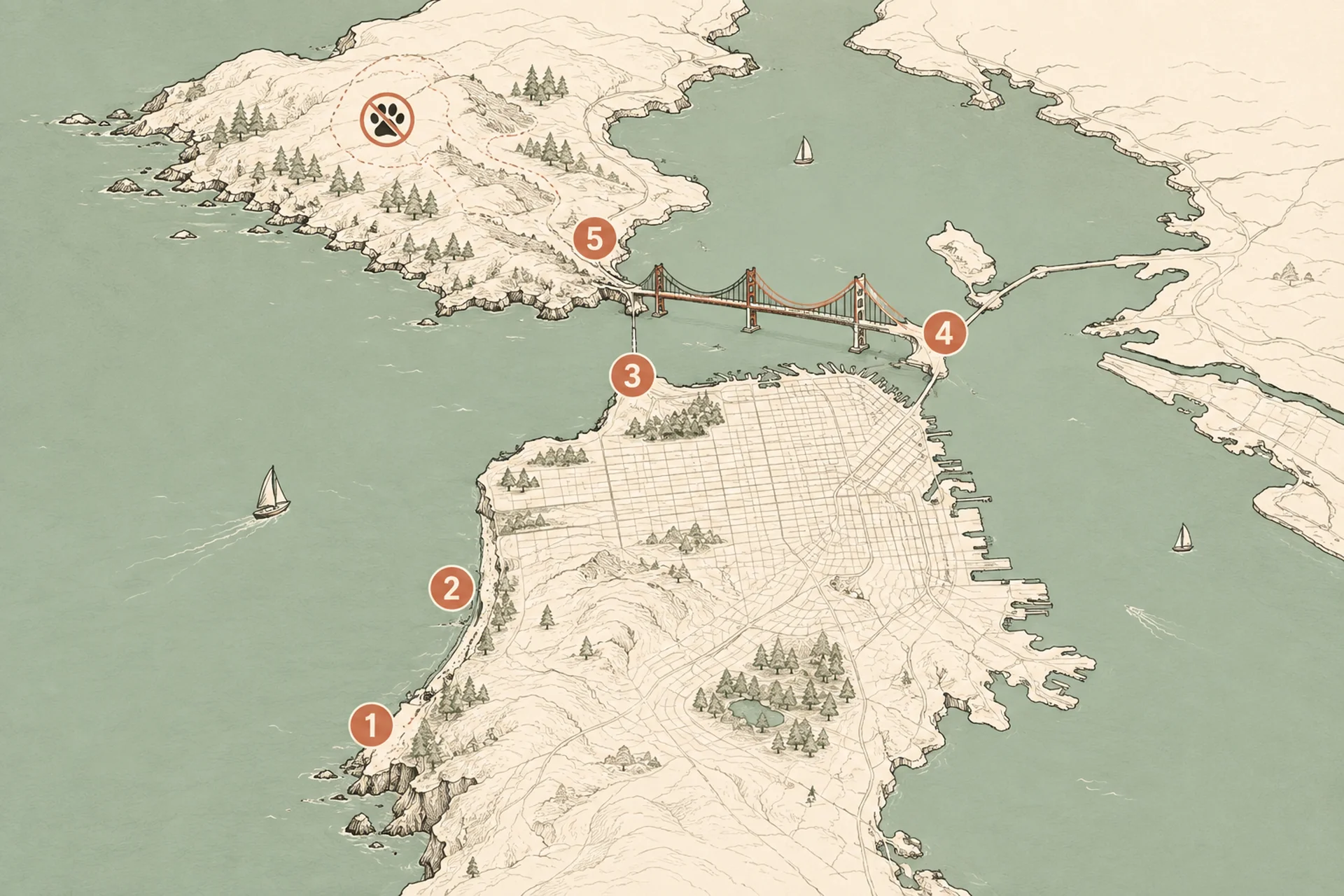 Illustrated map of the San Francisco Bay Area marking five dog-friendly beaches: Fort Funston and Ocean Beach north on the Pacific side of San Francisco, Baker Beach and Crissy Field near the Golden Gate, and Muir Beach across the bridge in Marin, with Muir Woods marked inland as no-dogs.