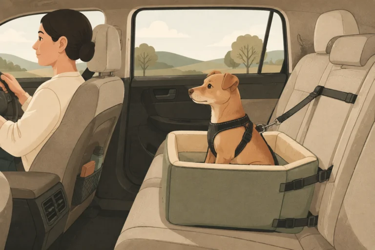 Side-view illustration of a car back seat: a tan dog in a chest harness sits inside a padded booster-style pet car seat anchored by two straps around the vehicle seat back, with the driver facing forward at the wheel.