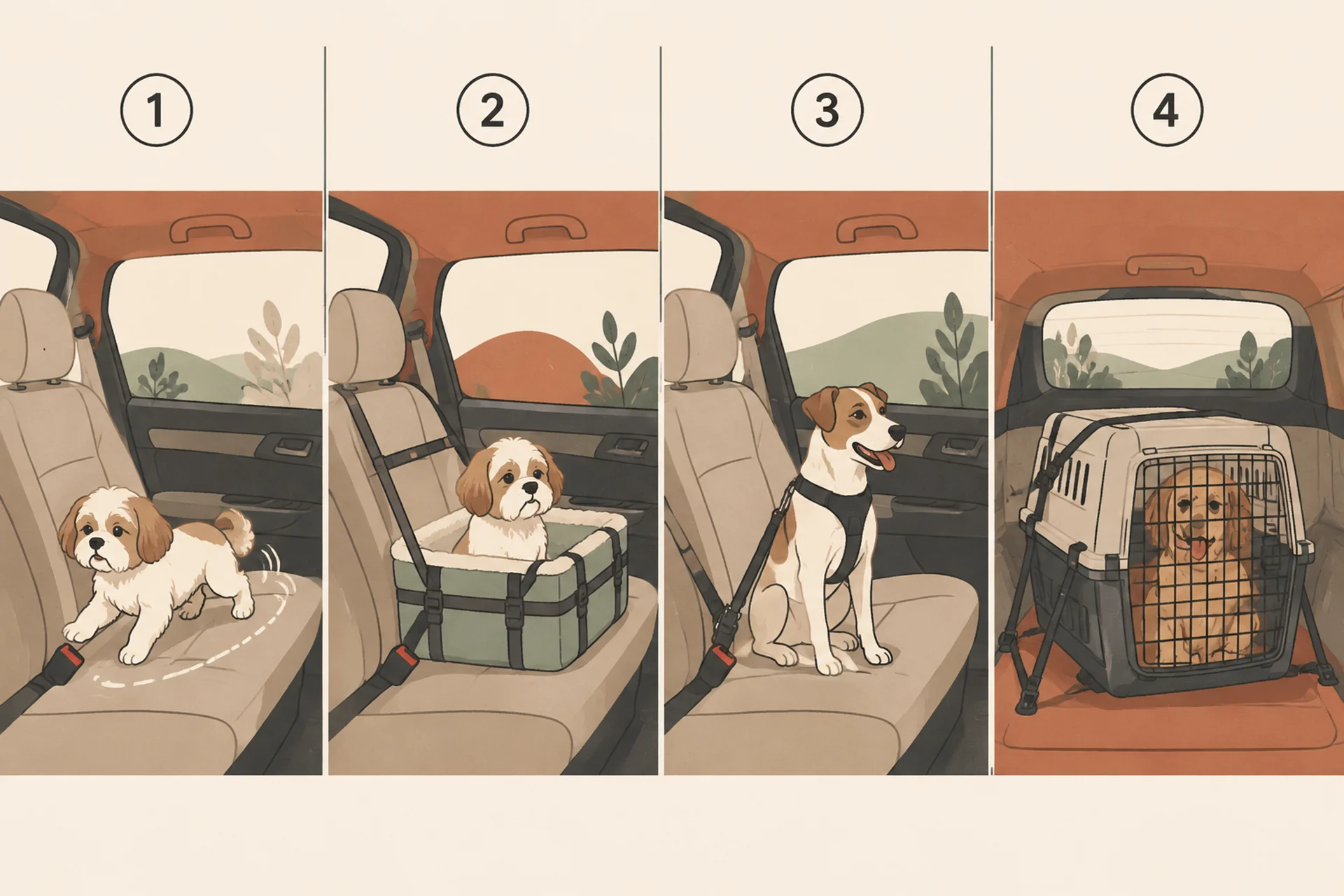Four side-by-side side-view diagrams of a dog riding in a car: an unrestrained small dog sliding across the seat, a small dog in a strap-anchored booster seat, a medium dog in a chest harness tethered to the seat belt buckle, and a large dog in a rigid crate strapped down in the cargo area.