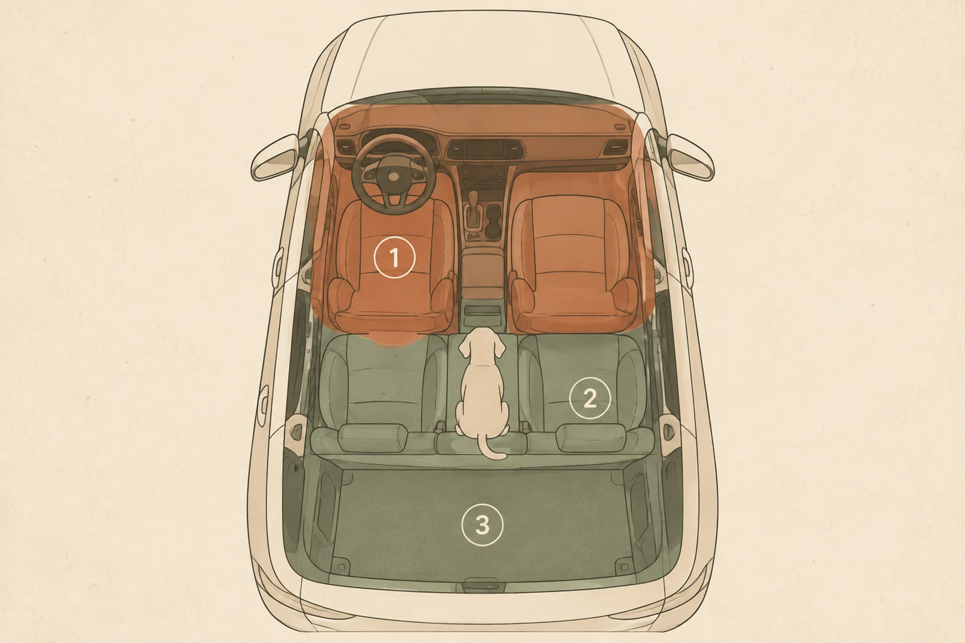 Top-down floor plan of a five-seat car showing the rear bench and cargo area shaded as the recommended zones for a dog, and the driver's seat, front passenger seat and driver's lap shaded as the zones to avoid, with a dog silhouette on the rear bench.