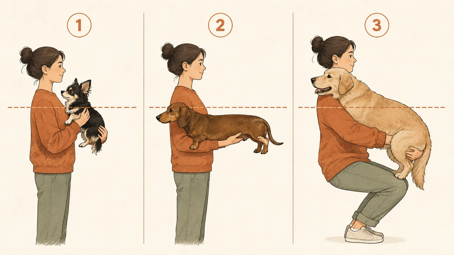 Three-panel diagram of a person carrying three different dogs in profile, with a dashed horizontal guideline running through each dog's spine to show it staying level. Panel one: a very small long-haired dog held against the chest with one hand under the chest between the front legs and the other cupping the hindquarters. Panel two: a long-bodied short-legged dachshund carried with one whole forearm running the full length of its underside from chest to belly and the other hand supporting the rear. Panel three: a large golden retriever carried with one arm wrapped around the front of the chest and the other behind the hind legs, hugged against the person's torso with knees bent and back upright.