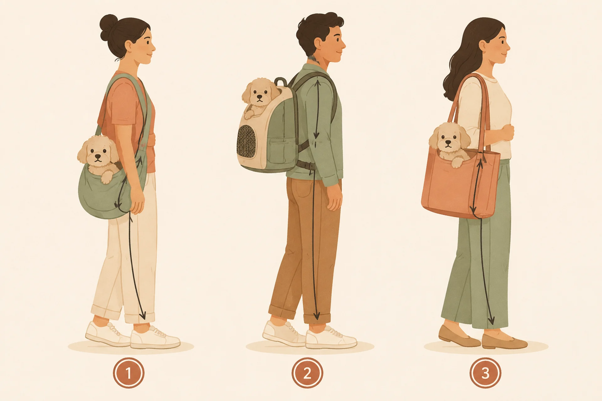 Side-view illustration of three people carrying a small dog: one in a cross-body sling with a single strap over one shoulder, one in a two-strap backpack carrier, and one with a structured tote hanging from one shoulder, each with an arrow tracing the load path down through the body.