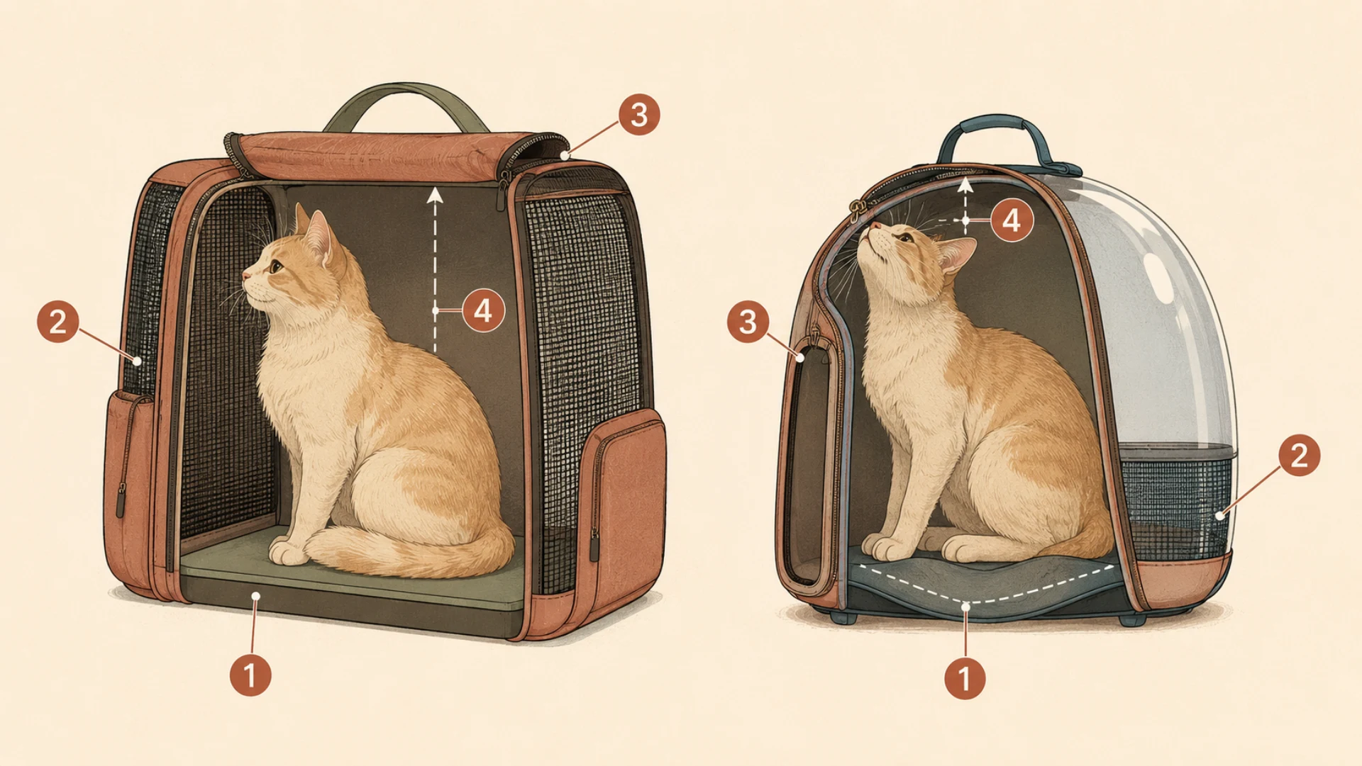 Cutaway side-view diagram comparing two cat backpack carriers. The left one has a thick flat rigid floor that stays level, wide mesh panels across the side and rear, a large top opening flap, and a cat sitting upright with clear headroom. The right one has a thin sagging floor that dips into a U shape, a large curved acrylic dome with only a narrow strip of mesh, a small front zipper opening, and a cramped interior where the cat has little headroom. Circled numbers mark the floor, the mesh area, the opening, and the interior height.