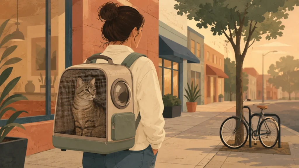 Editorial illustration of a person walking a city sidewalk wearing a structured pet backpack carrier, with a calm tabby cat sitting upright inside and visible through the large mesh side panel.