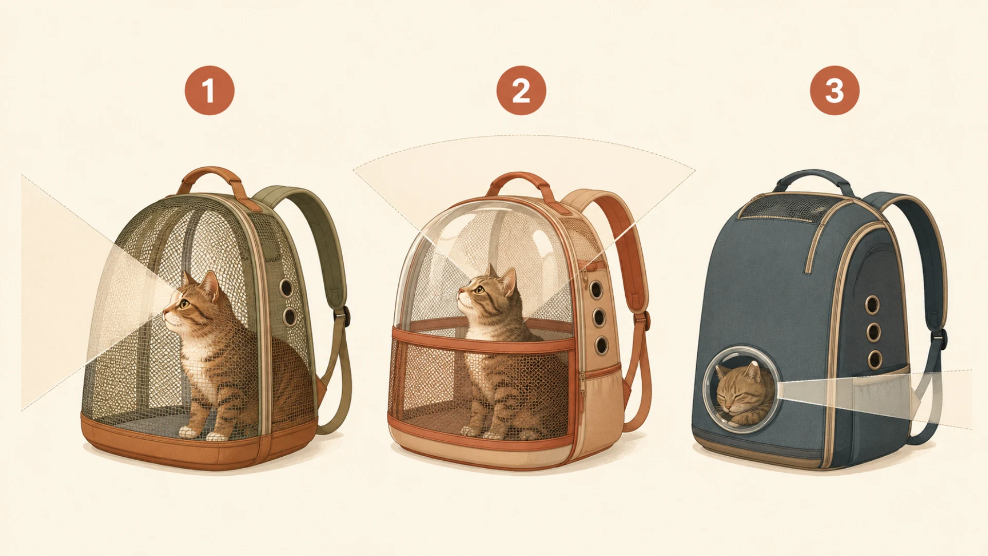 Diagram of three cat backpacks side by side showing three degrees of visibility. The first is almost entirely mesh with a wide field-of-view cone spreading outward from an alert cat. The second has a clear dome on top with mesh sides and a medium cone spreading up and outward. The third is mostly solid fabric with one small round porthole and a narrow cone, with the cat curled and settled inside.