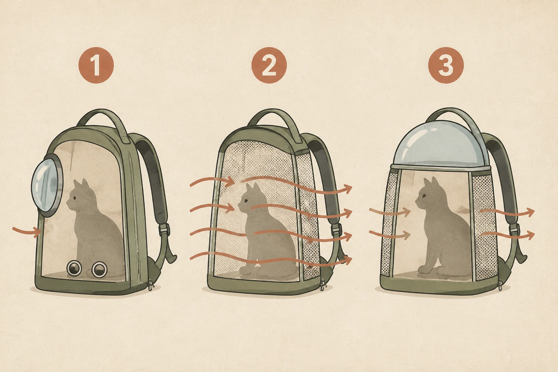 Cutaway diagram comparing three cat backpacks in side profile: an acrylic porthole pack with solid walls and one weak airflow arrow, a full-mesh pack with many long airflow arrows passing straight through, and a top-dome pack with fine mesh side panels carrying medium airflow at cat height.