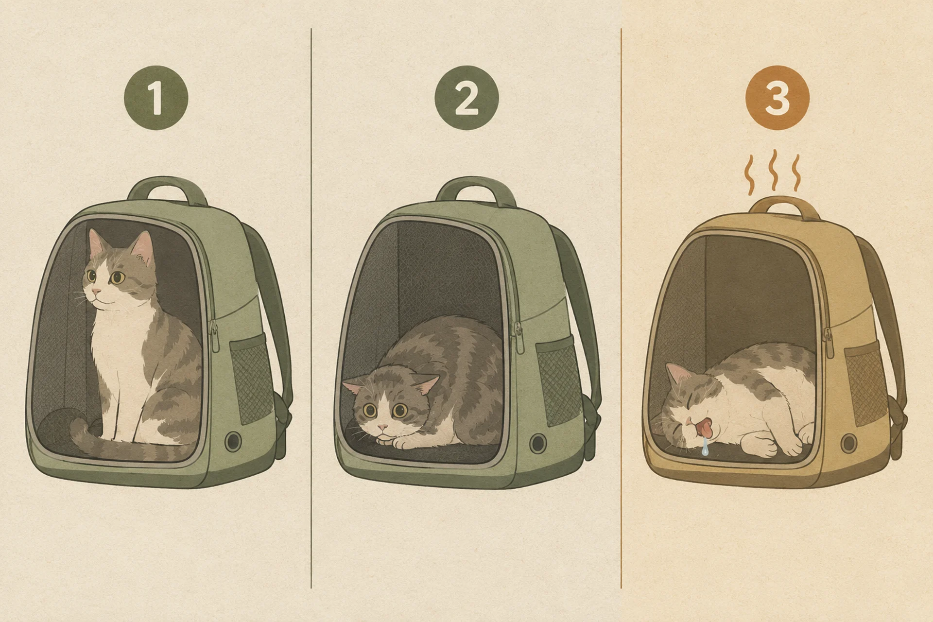 Three panels of the same cat inside a soft backpack carrier: sitting upright and relaxed with ears forward, crouched low with flattened ears and wide eyes, and lying open-mouthed with a drool droplet and heat waves rising from an amber-tinted pack.