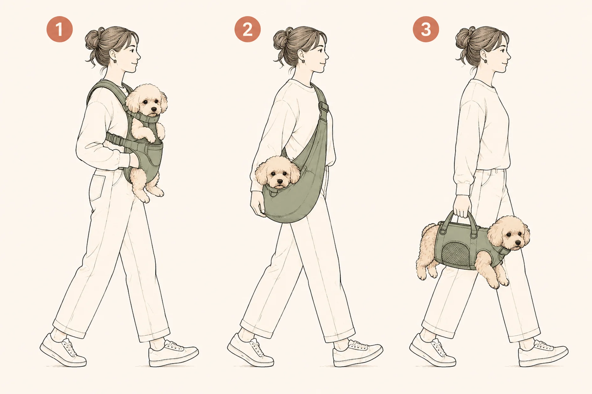 Side-view diagram of three ways to carry a small dog on the front of the body: a legs-out chest vest with the dog upright against the chest, a sling worn across the body with the dog seated at the hip, and a wearable lift vest carried by its top handle like a soft briefcase.