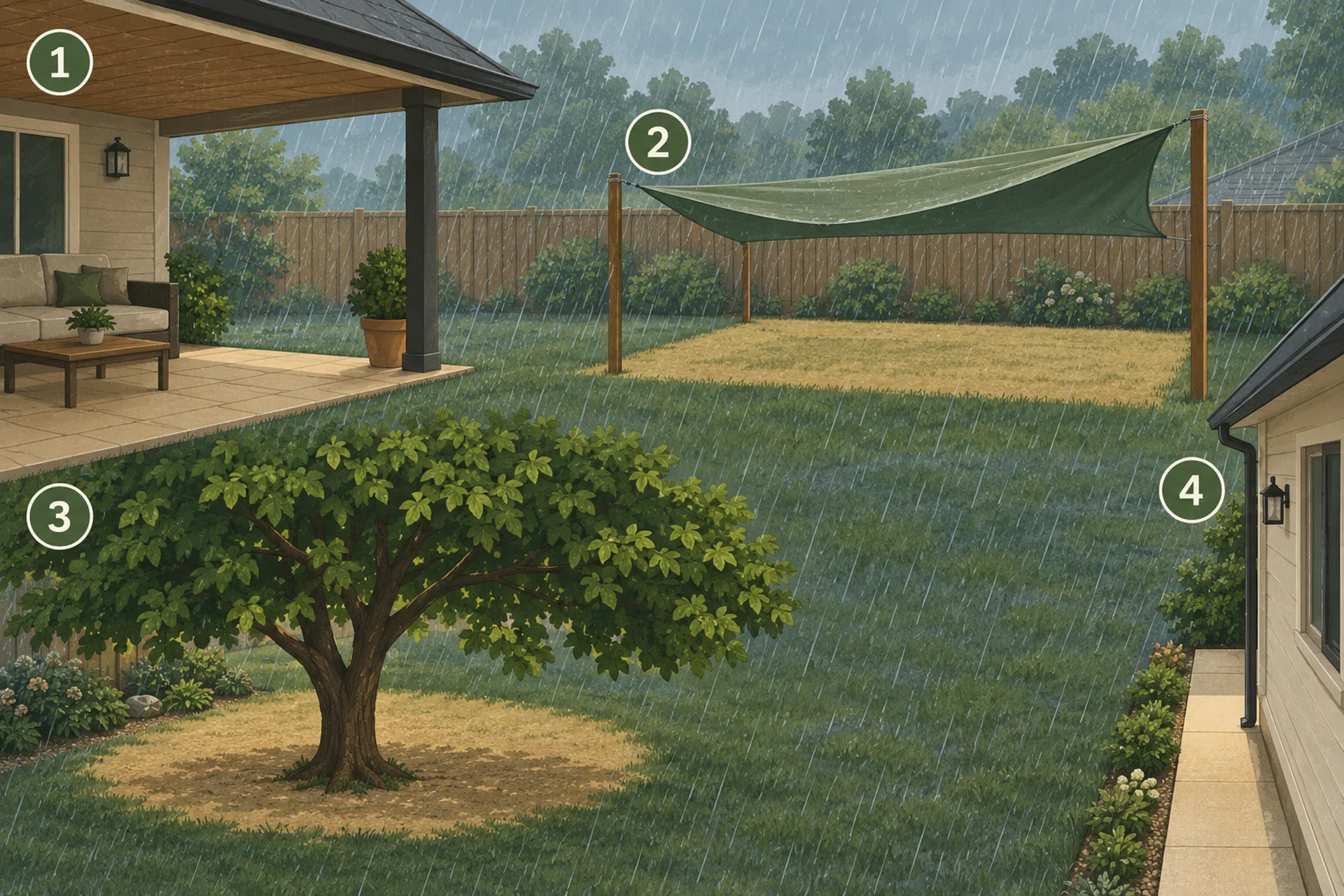 Illustration of a back yard in steady rain showing four sheltered spots, each marked with a circled number: 1 a covered patio under a roof overhang, 2 a green tarp strung between two fence posts keeping a rectangle of grass dry, 3 dry ground beneath a broad leafy tree, 4 a narrow strip of dry paving running along the sheltered side of the house.