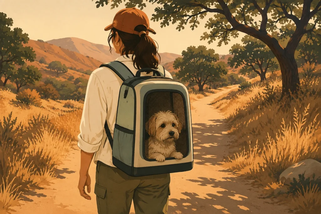 Rear view of a hiker walking a dry golden-grass trail with a structured pet backpack carrier on their back, a small dog resting its paws on the sill of the large side mesh panel and looking out.
