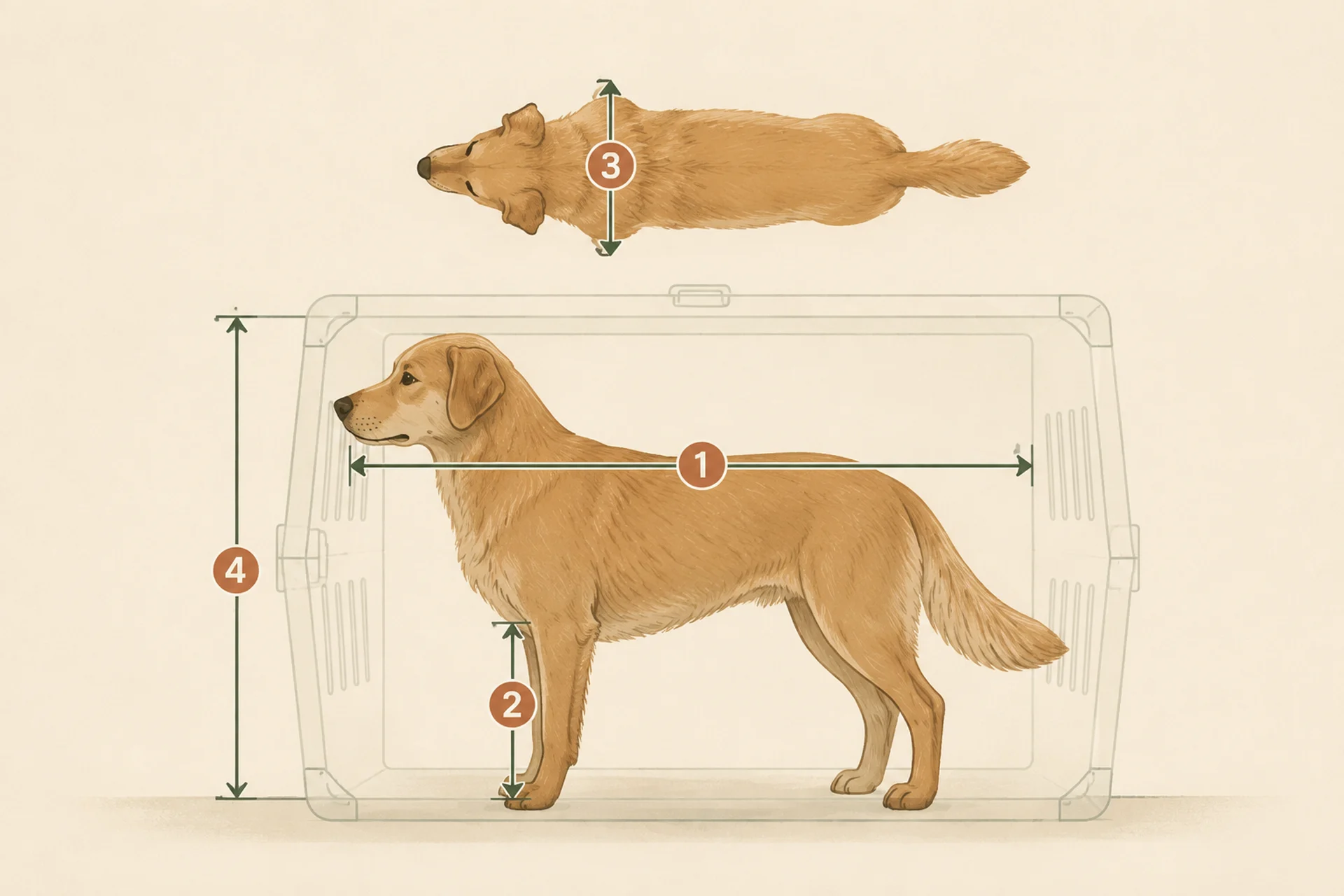 Measurement diagram of a dog standing naturally inside a faint carrier outline, with marked spans for nose to base of tail, ground to elbow, shoulder width shown on a top-down silhouette, and ground to the top of the head.