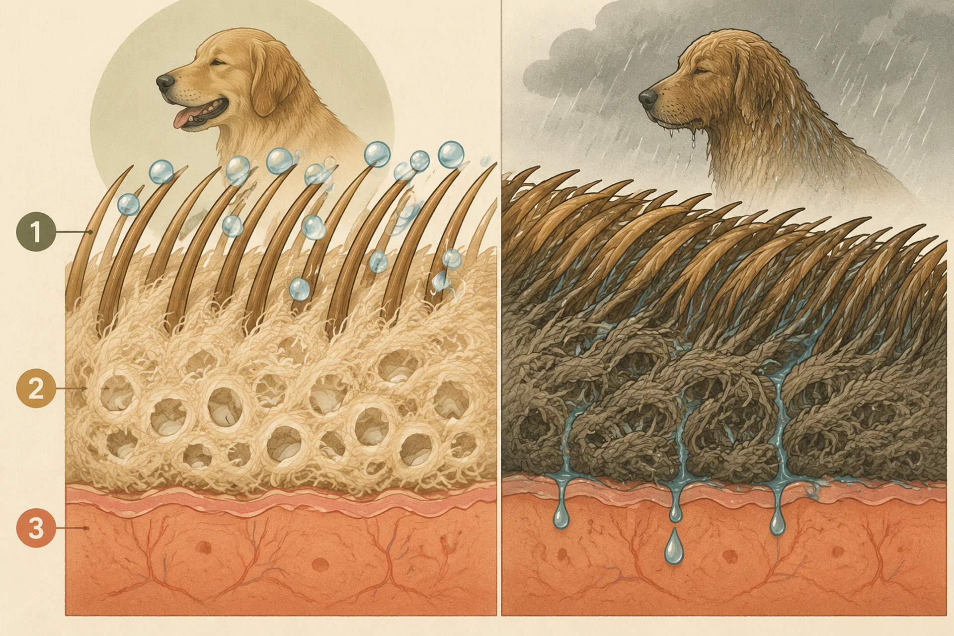 Side-by-side cross-section diagram of a dog double coat: on the left, coarse guard hairs shed water beads above a fluffy undercoat full of trapped air pockets; on the right, the same coat soaked through, hairs flattened and the air pockets collapsed as water tracks down to the skin.